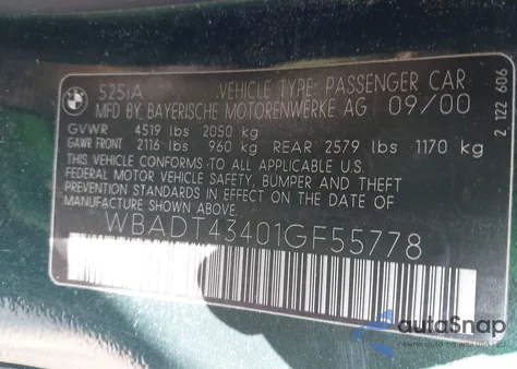 2001 BMW 525Ia z USA, uszkodzony, nr VIN WBADT43401GF55778